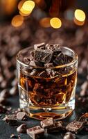 ai generato un' tiro bicchiere di Whisky con cioccolato patatine fritte su superiore foto