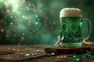 ai generato un' allegro st Patrick giorno birra a un' di legno tavolo foto