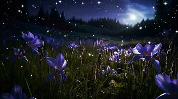 ai generato illuminato dalla luna iris campo e Lucciole - ai generato foto