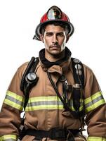 ai generato coraggioso maschio pompiere nel azione, ai generato foto