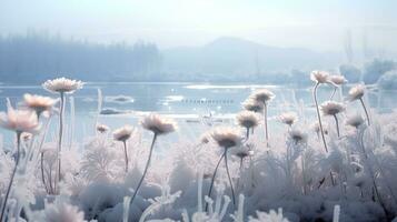 ai generato baciato dalla neve margherita campo nel inverno - ai generato foto