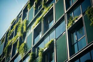 ai generato eco-friendly edificio nel il moderno città. sostenibile bicchiere ufficio edificio con albero per riducendo carbonio biossido. ufficio edificio con verde ambiente. aziendale edificio ridurre co2. foto