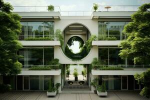 ai generato sostenibile verde costruzione. eco-friendly costruzione. sostenibile bicchiere edificio con verticale giardino riducendo carbonio biossido. verde architettura. verde ambiente. sostenibile stile di vita. foto