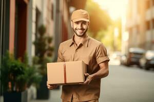 ai generato consegna Corriere servizio. consegna uomo nel Marrone berretto e uniforme Tenere un' cartone scatola consegna per porta di cliente casa. sorridente giovane uomo postale consegna uomo consegna pacchetto. foto