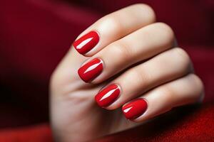 ai generato fascino donna mano con classico rosso chiodo polacco su sua unghie. rosso chiodo manicure con gel polacco a lusso bellezza salone. chiodo arte e design. femmina mano modello. francese manicure. foto