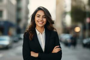 ai generato fiducioso ispanico attività commerciale donna in piedi al di fuori un ufficio costruzione. ritratto di sorridente professionale donna d'affari su sfocatura ufficio edificio sfondo. professionale manager nel completo da uomo. foto