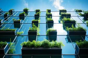 ai generato eco-friendly edificio nel il moderno città. sostenibile bicchiere ufficio edificio con albero per riducendo carbonio biossido. ufficio edificio con verde ambiente. aziendale edificio ridurre co2. foto