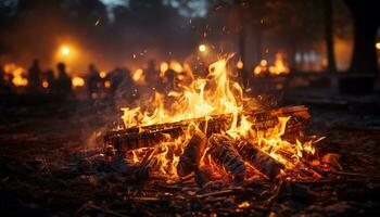 ai generato raggiante brace si accende falò, natura inferno luci su il notte generato di ai foto