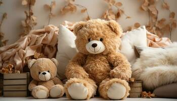 ai generato carino orsacchiotto orso seduta su letto, portando gioia e comfort generato di ai foto
