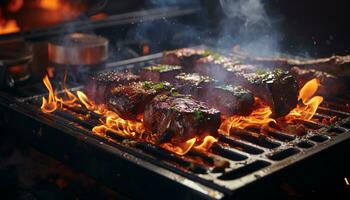 ai generato grigliato carne su fuoco, un' delizioso barbecue festa all'aperto generato di ai foto