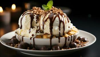 ai generato indulgente dolce cioccolato torta, frustato crema, e fresco frutta generato di ai foto