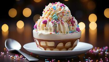 ai generato dolce cibo decorazione cioccolato Cupcake con Multi colorato glassatura e caramella generato di ai foto