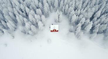 ai generato aereo tiro di un' piccolo Casa nel un' inverno foresta con neve foto