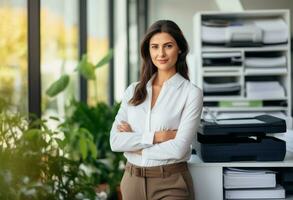 ai generato attività commerciale donna nel nero abbigliamento sorrisi con sua braccia attraversato foto