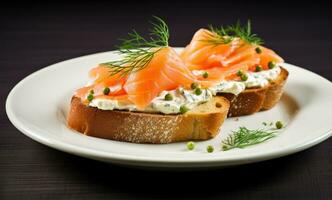 ai generato affumicato salmone e crema formaggio su crostini con aneto foto