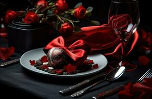 ai generato San Valentino giorno tavolo decorazione cuore nastri, argenteria, cioccolatini foto