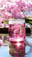 ai generato rosa erba tè boccale con rosa fiori foto