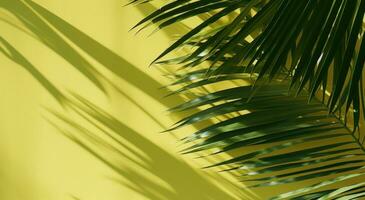 ai generato ombra di palma le foglie su un' verde parete foto