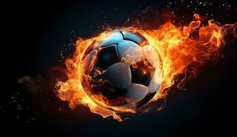 ai generato calcio palla nel fiamme su buio sfondo foto