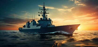 ai generato Marina Militare nave nel il oceano su un' tramonto foto