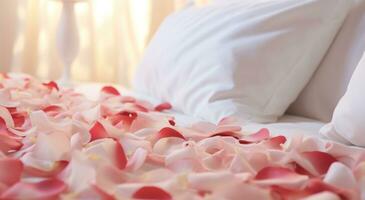 ai generato il Immagine è di bianca rosa petali e bianca seta floreale modello su superiore di un' Hotel letto foto