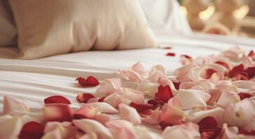 ai generato il Immagine è di bianca rosa petali e bianca seta floreale modello su superiore di un' Hotel letto foto