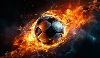 ai generato calcio palla nel fiamme su buio sfondo foto