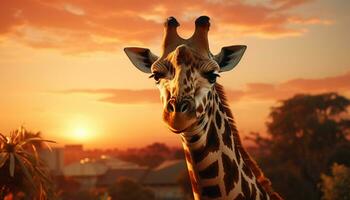 ai generato giraffa silhouette sfiora nel africano prato sotto arancia tramonto generato di ai foto