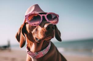 ai generato un' cane indossare un' rosa cappello e occhiali da sole su un' spiaggia foto