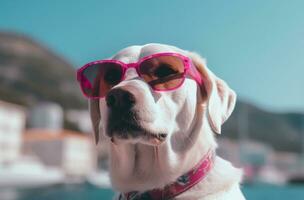 ai generato un' cane indossare rosa occhiali da sole nel il sole foto