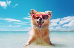 ai generato un' cane indossare un' rosa cappello e occhiali da sole su un' spiaggia foto