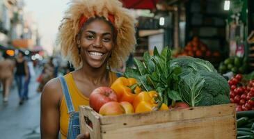 ai generato un' schiumoso bionda sorrisi su città mercato strada mentre trasporto un' grande di legno scatola di verdura foto