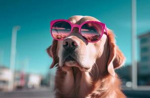 ai generato un' cane indossare rosa occhiali da sole nel il sole foto