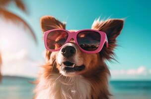 ai generato un' cane indossare rosa occhiali da sole nel il sole foto