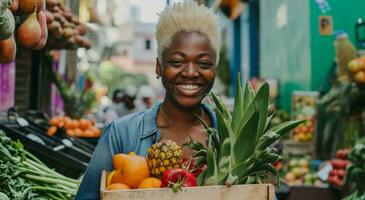 ai generato un' schiumoso bionda sorrisi su città mercato strada mentre trasporto un' grande di legno scatola di verdura foto