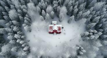 ai generato un' rosso Casa è coperto nel neve nel un' boscoso la zona foto