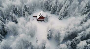 ai generato un' rosso Casa è coperto nel neve nel un' boscoso la zona foto