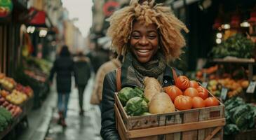 ai generato un' schiumoso bionda sorrisi su città mercato strada mentre trasporto un' grande di legno scatola di verdura foto