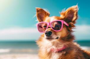 ai generato un' cane indossare un' rosa cappello e occhiali da sole su un' spiaggia foto