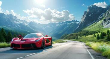 ai generato un Immagine di un' rosso gli sport auto su un' panoramico nazione strada foto