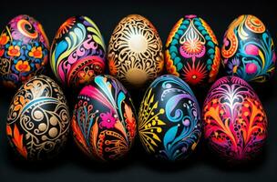 ai generato colorato uova con disegni su il conchiglie foto