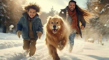 ai generato famiglia con cane a piedi e giocando nel neve foto