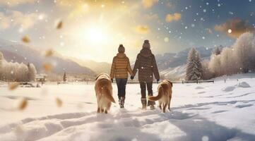 ai generato famiglia con cane a piedi e giocando nel neve foto