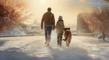 ai generato famiglia con cane a piedi e giocando nel neve foto