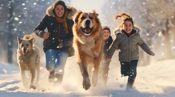 ai generato famiglia e cani in esecuzione attraverso il neve foto