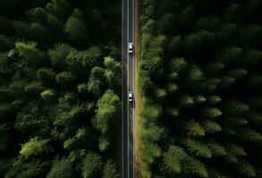 ai generato aereo Visualizza di un' strada nel un' foresta strada foto