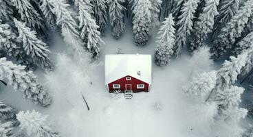 ai generato aereo tiro di un' piccolo Casa nel un' inverno foresta con neve foto