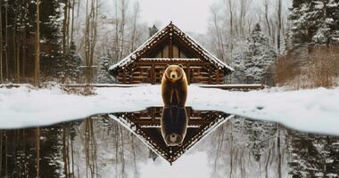 ai generato un Immagine di un' orso a piedi Il prossimo per un' log cabina foto