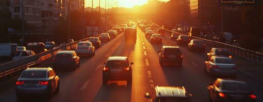 ai generato lento movimento di auto traffico guida su un' autostrada nel un' città a tramonto auto marmellata foto