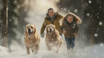 ai generato famiglia e cani in esecuzione attraverso il neve foto